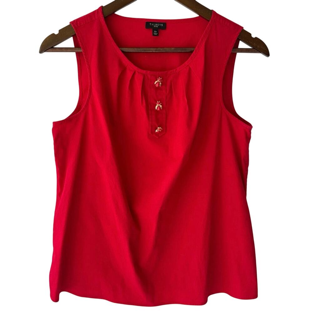 Talbots Womens Petite Sleeveless Red Blouse Size 10P Bee Button Front Workwear